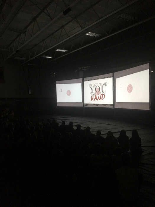 MS gym set up with a mega movie for students today.