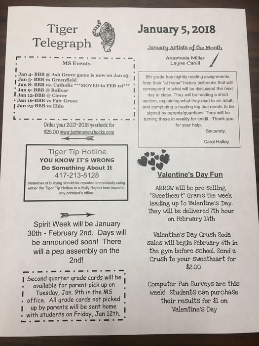 middle school news letter January 5th